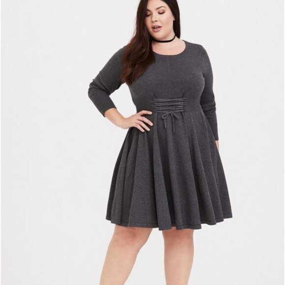 Torrid Size 3 (22/24W) Grey Knit Sweater Lace-Up Mini Skater Dress EUC - Picture 1 of 12